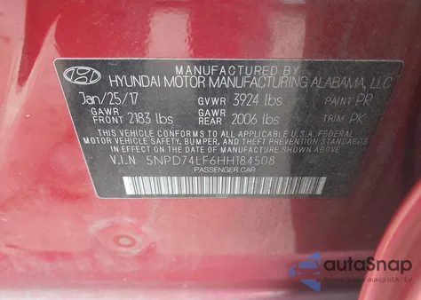 2017 Hyundai Elantra Se from USA, damaged, VIN 5NPD74LF6HH184508